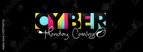 Colorful stylish text Cyber Monday Coming with wired mouse illustration on black shopping pattern background for Advertising concept.