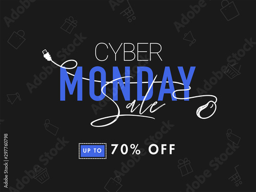 Typography of Cyber Monday with wired mouse and 70% discount offer on black shopping pattern background for Sale.