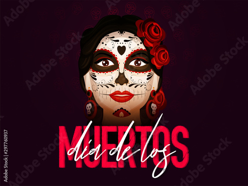 Stylish text of Dia De Los Muertos with catrina face on burgundy background. Can be used as banner or poster design.