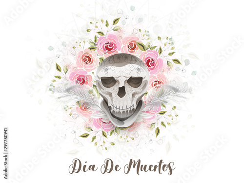 Dia De Muertos banner or poster design with illustration of skull on rose pattern white background.