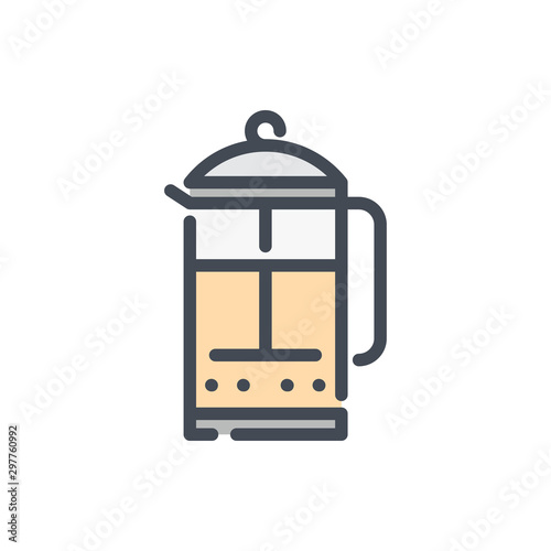 French press color line icon. French tea pot vector outline colorful sign.