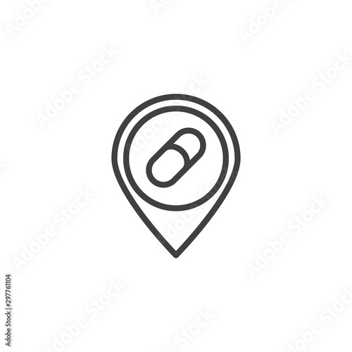 Drugstore location pin line icon. linear style sign for mobile concept and web design. Pharmacy map marker outline vector icon. Symbol, logo illustration. Vector graphics
