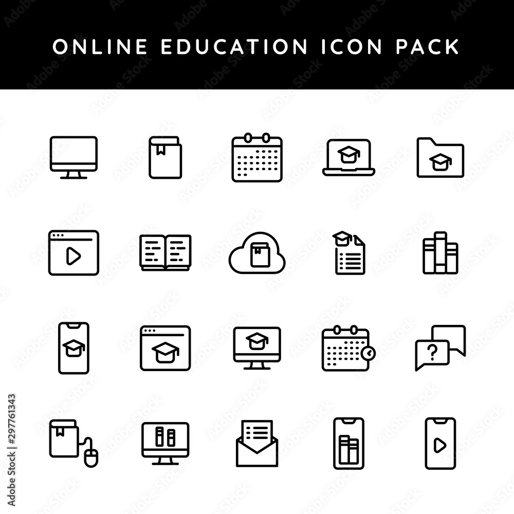 Line art illustration of online education icon pack. Line art illustration of online education icon pack.