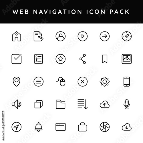 Black line art illustration of web navigation icon pack.