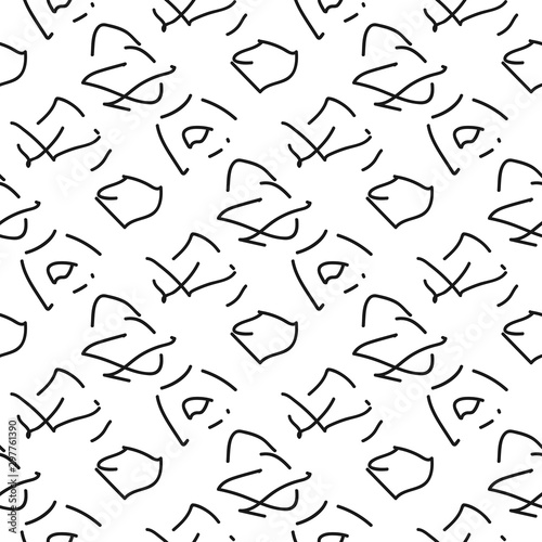 Seamless graphic pattern with doodles. Black and white square backdrop.