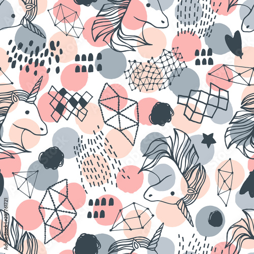 Seamless pattern with unicorns and magic items.