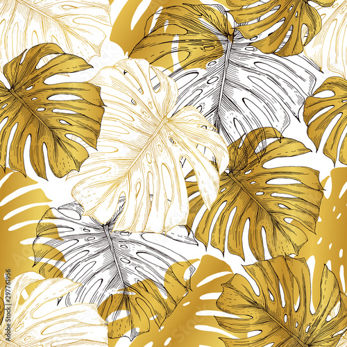 Seamless pattern depicting thickets of golden monstera