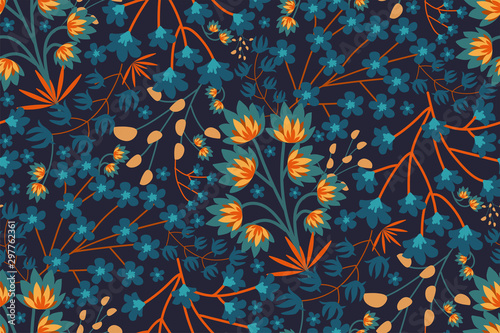 Trendy Floral pattern in the many kind of flowers. Seamless vector texture. Tropical botanical Motifs scattered random. Printing with in hand drawn style on dark background.