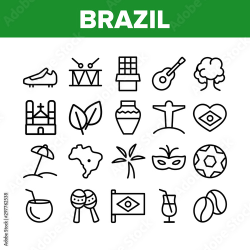 Brazil National Country Elements Icons Set Vector Thin Line. Football Ball And Food, Coffee And Carnival Mask, Guitar And Drum, Brazil Concept Linear Pictograms. Monochrome Contour Illustrations