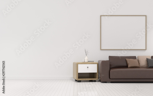 View of living room space with sofa set and blank picture frame on white wall. Perspective of minimal Interior design. 3d rendering.