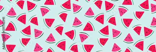 Watermelon pattern vector. Seamless fruit background, summer print. Bright pink watermelon slices on a light pastel blue background. Modern trendy design.