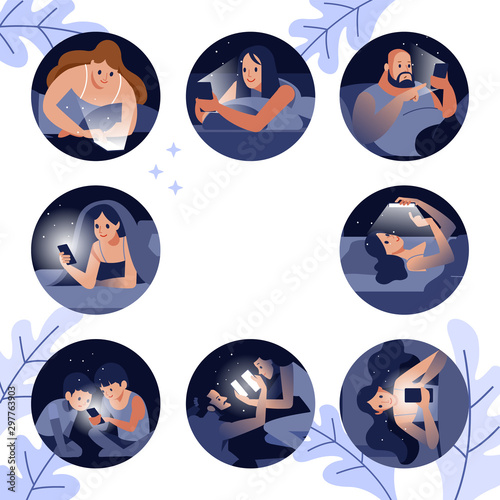 Diverse people watching smart mobile phones in bed - Young people addiction to new technology trends - Alienation moment for new generation problem.