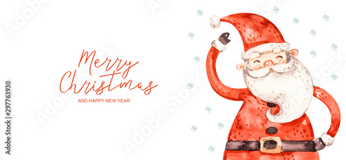 Merry christmas and happy new year watercolor banner. Naive aqarelle santa claus and swirl snowflakes, greeting banner isolated on white background