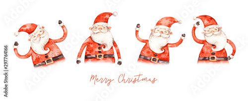 Watercolor santa claus set in naive childish style, greeting banner decoration. Merry christmas and happy new year aqarelle poster isolated on white background