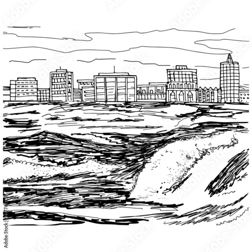 Typhoon background. Seaside landscape with storm in ocean, huge waves, black and white illustration