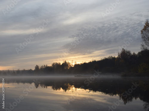 foggy morning landscape with lake and trees on shore. Beautiful glare, blurry background and blurry foreground