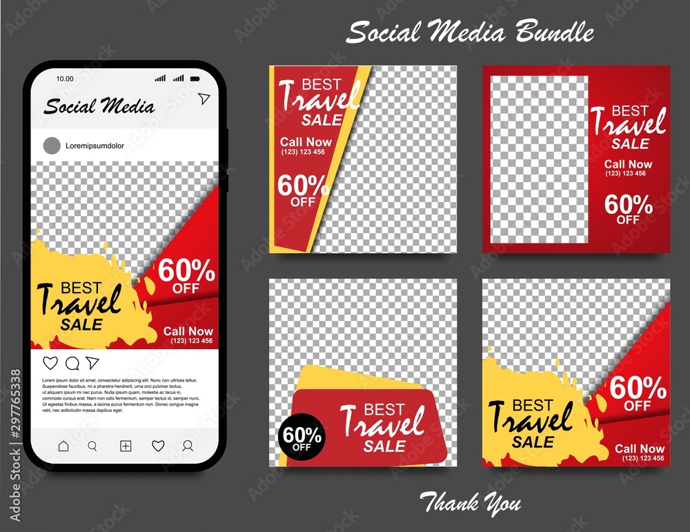 Social media template for travel business, posts and stories. Editable template for digital marketing, web banner and mobile apps.