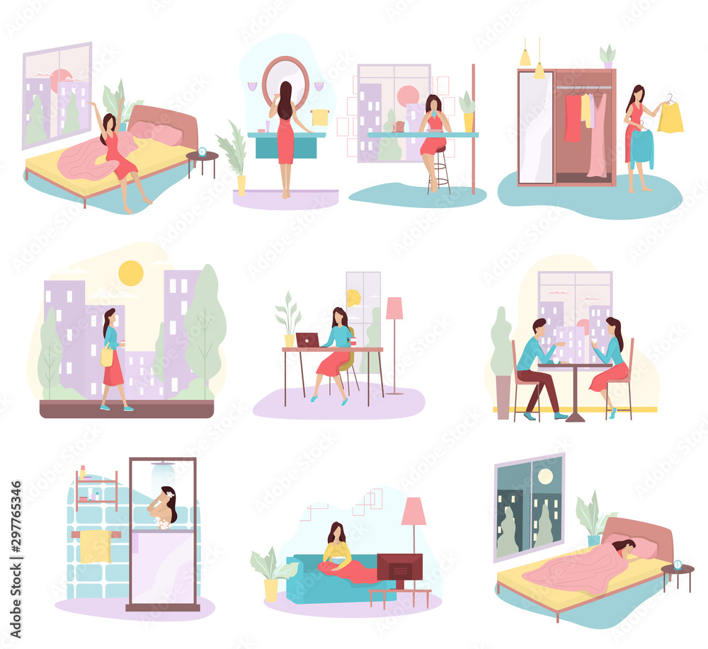 Daily routine of a woman set. Isolated vector illustration in cartoon style Daily routine of a woman set. Isolated vector illustration in cartoon style