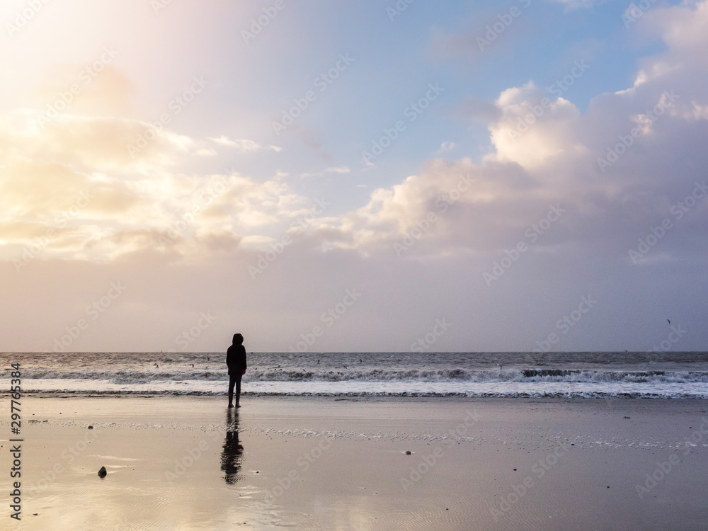 Teenager standing by ocean looking at sea galls and waves, Cloudy sky, Sun flare, Fanore beach, county Clare, Ireland.