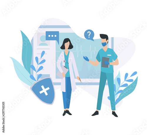 Medical workers in uniform with equipment, doctor and nurse