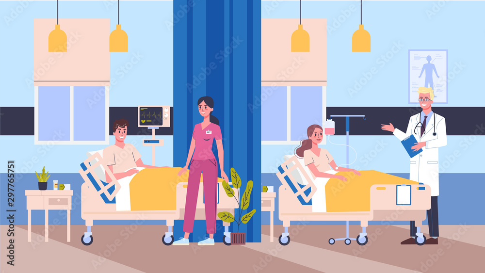 Vector illustration hospital room. Doctor and nurse checkinf patients.