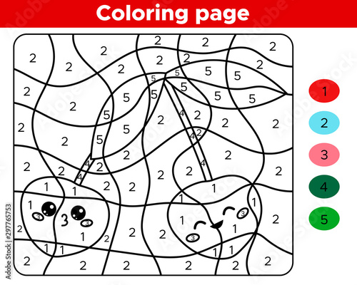 Cute kawaii cherry. Number coloring page for kids. Educational game for preschoolers. Printable worksheet.