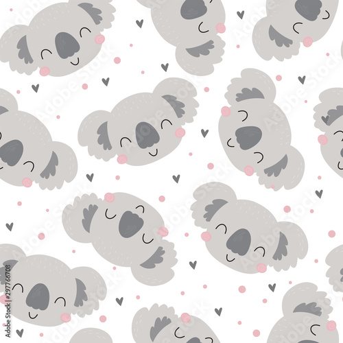 Seamless pattern. Cute character - sleeping animal baby Koala bear. Vector print for baby shower.
