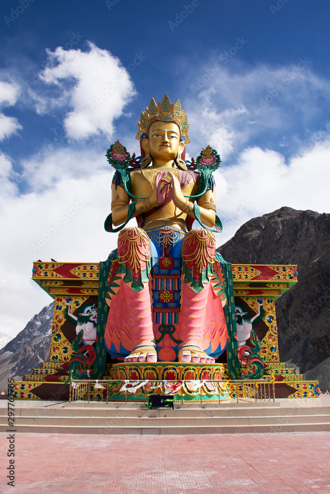 Hight 32 metre colorful and beauty statue of Maitreya Buddha near Diskit Monastery for foreign travelers and tibetan with indian people travel visit praying at Leh Ladakh in Jammu and Kashmir, India