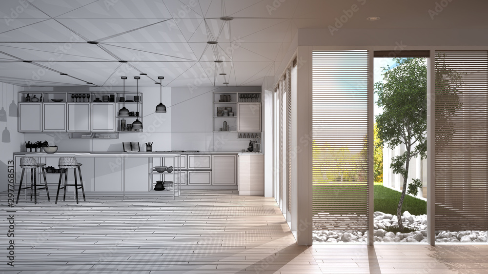 Fototapeta premium Architect interior designer concept: unfinished project that becomes real, open space, patio house, modern kitchen with island and stools, veranda with grass, parquet, interior design