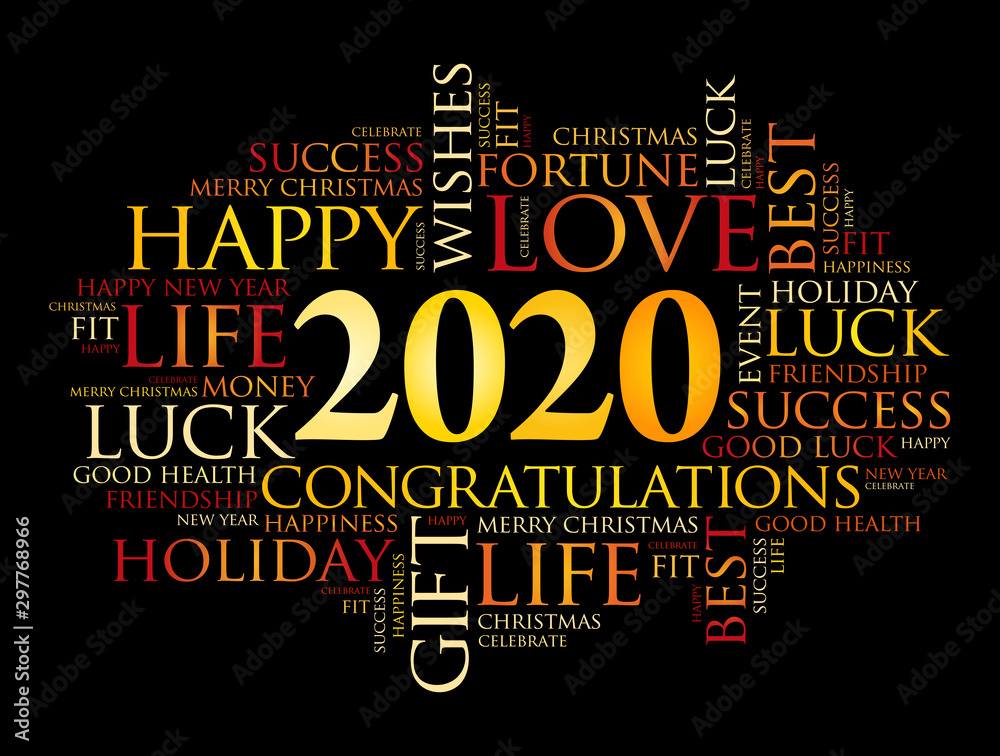 2020 year greeting word cloud collage, Happy New Year celebration greeting card