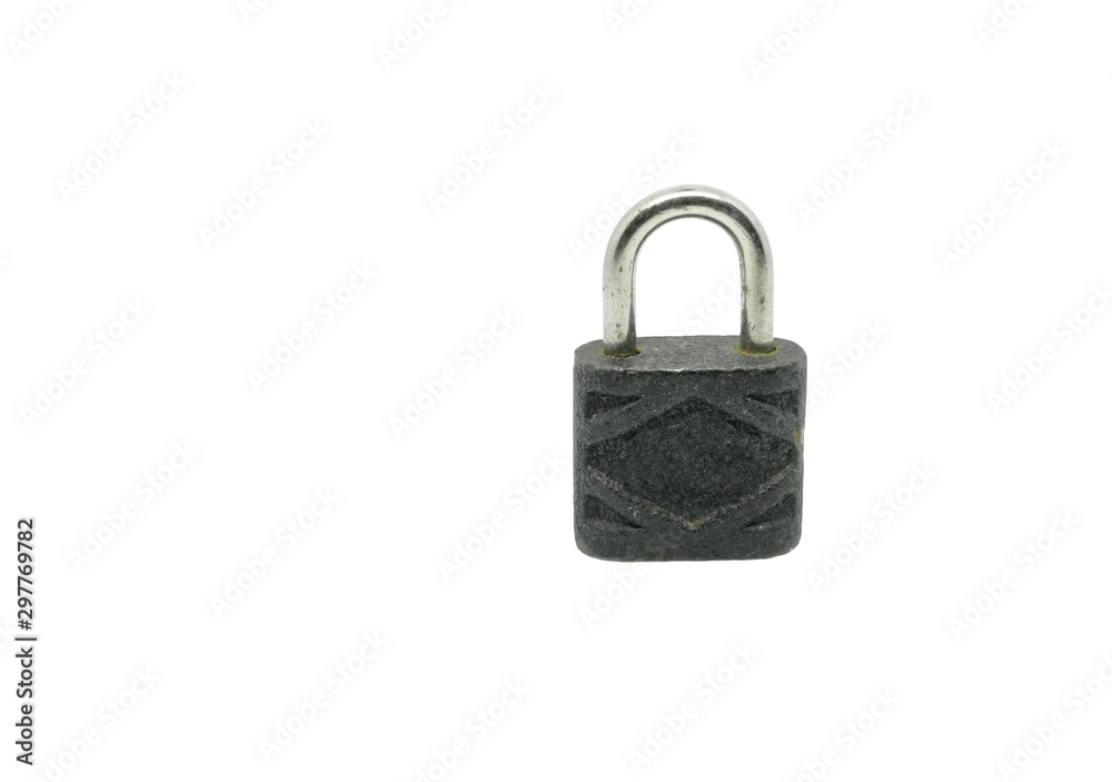 Single black small locked padlock on white background with space for text Single black small locked padlock on white background with space for text