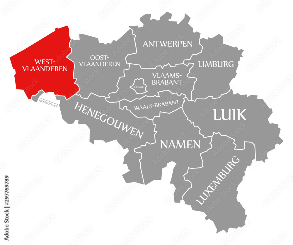 West Flanders red highlighted in map of Belgium