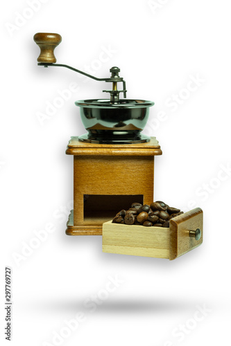 Hand grinder and coffee bean. Equipment for make a coffee. Isolate and clipping path on white background.