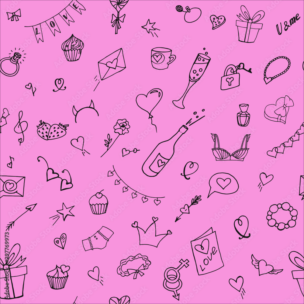 Valentines day seamless pattern. Love, romance flat line icons - hearts, ring, balloons, lingerie, valentine card and and other symbols of the holiday. Pink wallpaper for february 14 celebration. Valentines day seamless pattern. Love, romance flat line icons - hearts, ring, balloons, lingerie, valentine card and and other symbols of the holiday. Pink wallpaper for february 14 celebration.