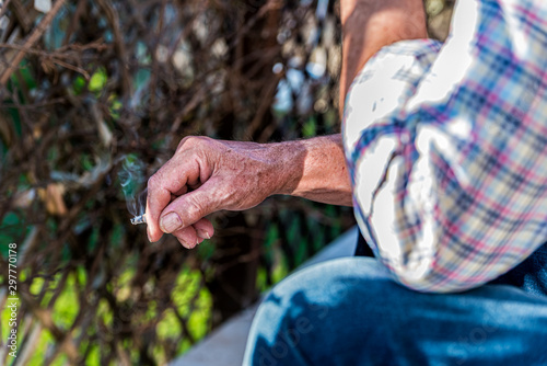 Resting man's hand holding a cigarette against the background of the garden. © Piotr