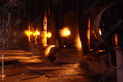 Very rare close view of working open hearth furnace at the metallurgical plant