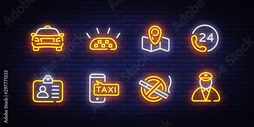 Taxi icons neon set. Taxi service neon signs design template. Bright signboard, light banner, Isolated icon. Vector Illustration