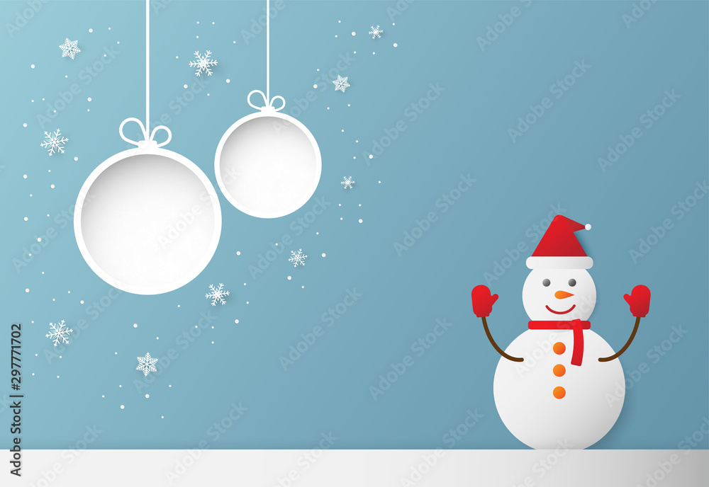 Christmas and happy new year blue vector background with snowman, celebration concept, paper art design Christmas and happy new year blue vector background with snowman, celebration concept, paper art design