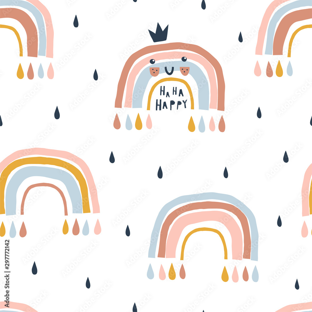 Fototapeta Seamless abstract pattern with hand drawn rainbows and rain drops. Cute kawaii bow princess character. Creative scandinavian childish background for fabric, wrapping, textile, wallpaper, apparel