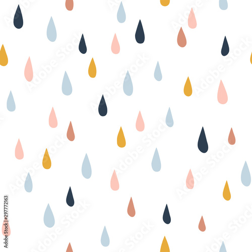 Various raindrops. Kids drawing style. Childish scandinavian backdrop. Flat design. Hand drawn colored vector seamless pattern. Modern trendy illustration for fabric, textile, wallpaper, scrapbook