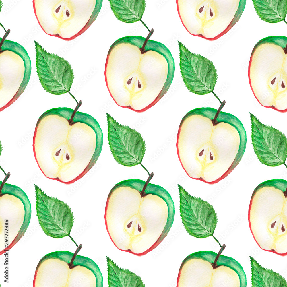 Red and green apples seamless watercolor pattern. Illustration with apples on a white background. Vegetarian background Colorful abstract design. Geometric abstract pattern. Red and green apples seamless watercolor pattern. Illustration with apples on a white background. Vegetarian background Colorful abstract design. Geometric abstract pattern.