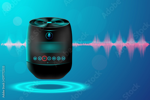 Smart voice control concept. Isometric speaker on technology background. IOT Wireless connection controls system on smart home or city.