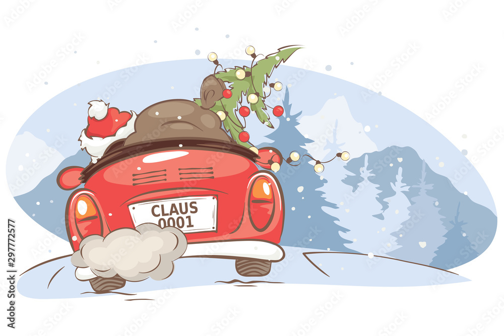 Santa hurries to bring gifts. Christmas card. grandfather with a bag and a Christmas tree in a convertible car, vector illustration. - obrazy, fototapety, plakaty 