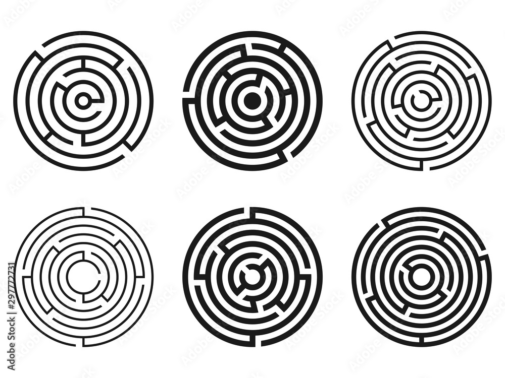 Set of simple black round labyrinths isolated on white background. Vector illustration Set of simple black round labyrinths isolated on white background. Vector illustration