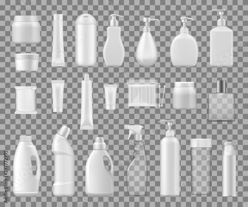 Cosmetics containers, plastic and glass bottles