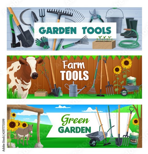 Garden shovel, fork, rake and bucket. Farm tools