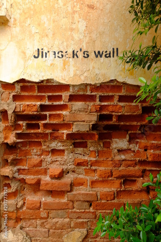 brick wall with ivy  old culture in Laos.pdr