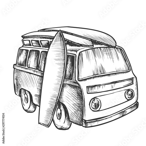 Surf Boards And Retro Surf Van Monochrome Vector. Surfboards Standing Near Minivan Car. Longboards Engraving Concept Template Hand Drawn In Vintage Style Black And White Illustration