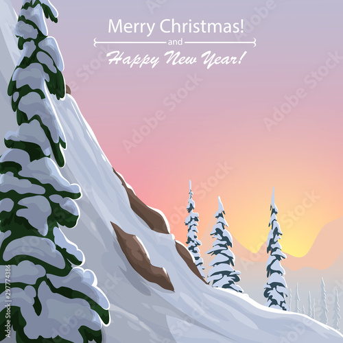 winter landscape with spruce. Vector winter illustration. Fir tree in the snow, snowy mountain and slope