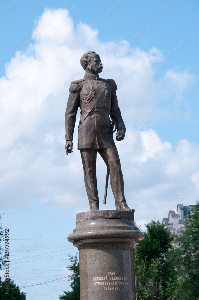 Russia, Blagoveshchensk, July 2019: Monument to count Muravyov-Amursky in Blagoveshchensk on the embankment in summer
